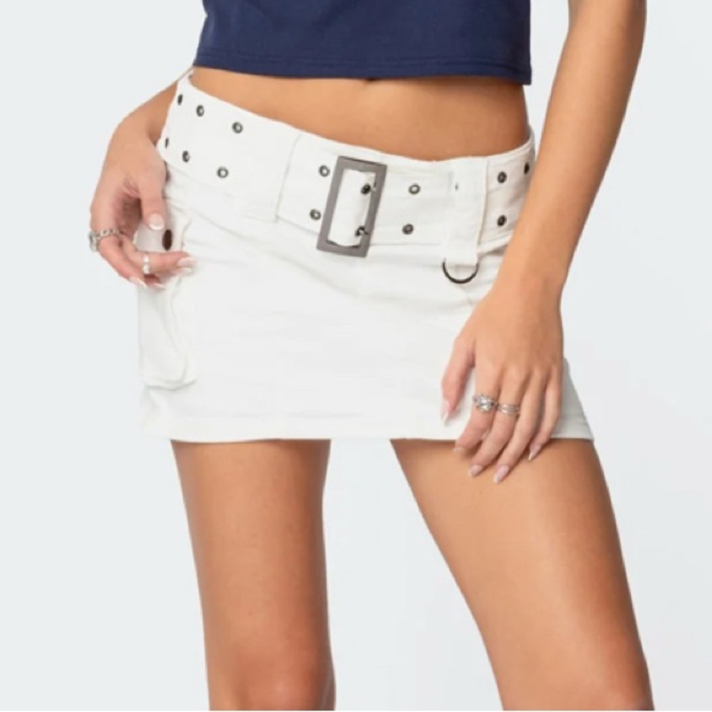 Edikted White Roux Belted Mini Skirt